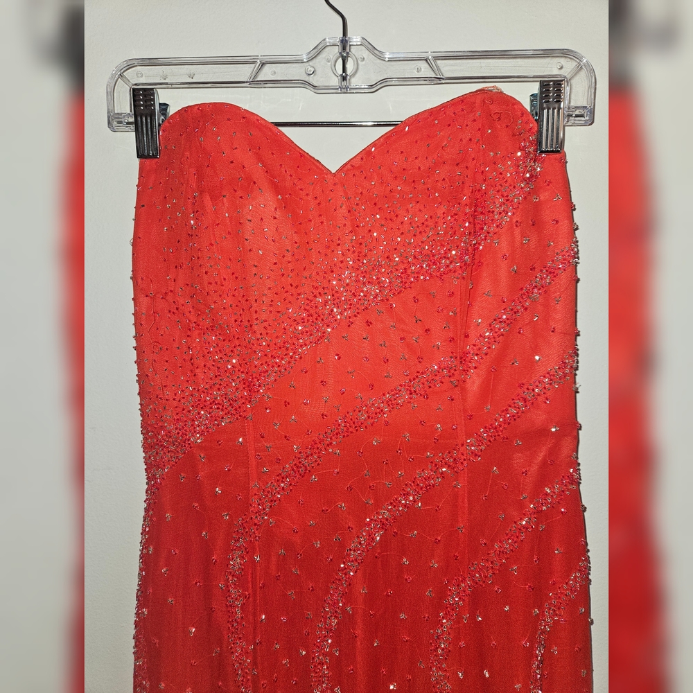 Stunning Strapless Reddish-orange Gown with Beaded Details